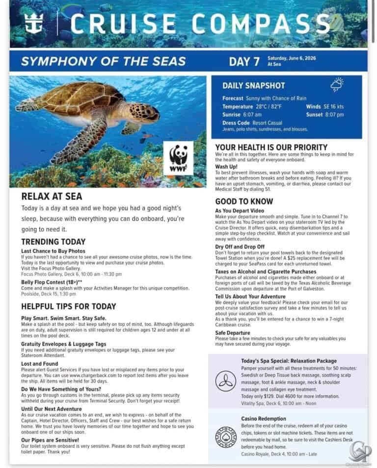 Symphony of the Seas Cruise Compass Daily Programs, Activities, Entertainment & Events