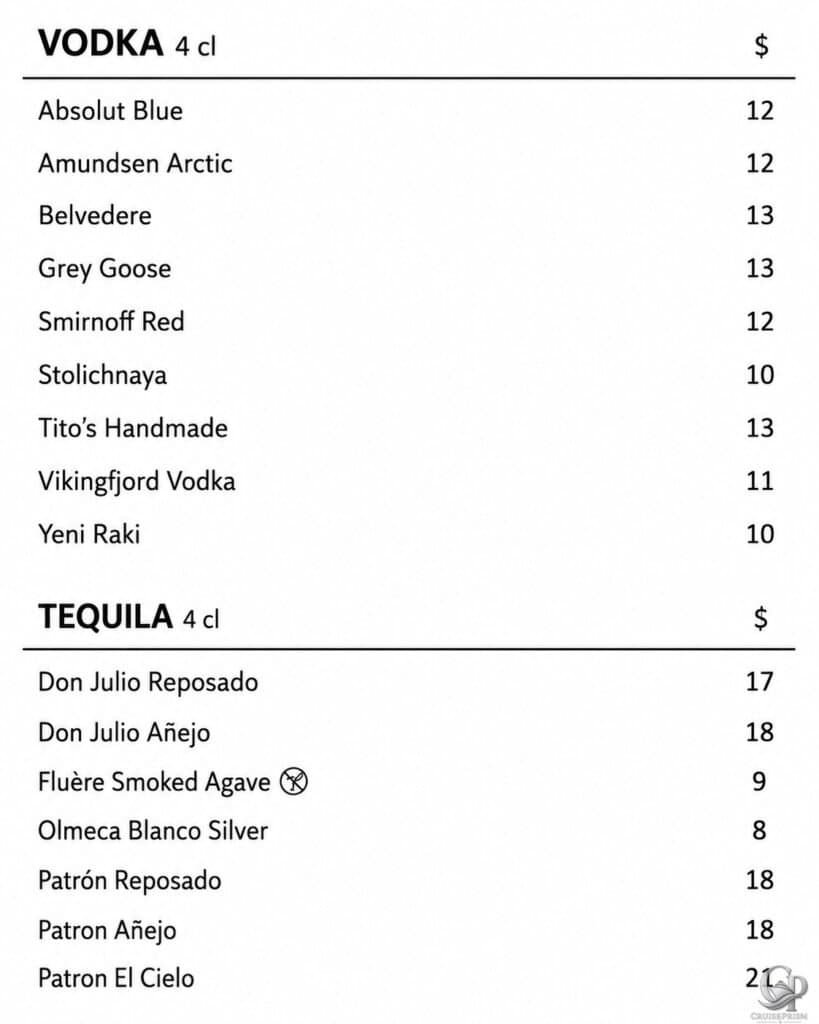 viking cruises vodka and tequila prices