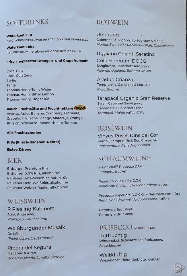 Mein Schiff Relax X-Bar alkoholfreie Getränke Säfte und Bier