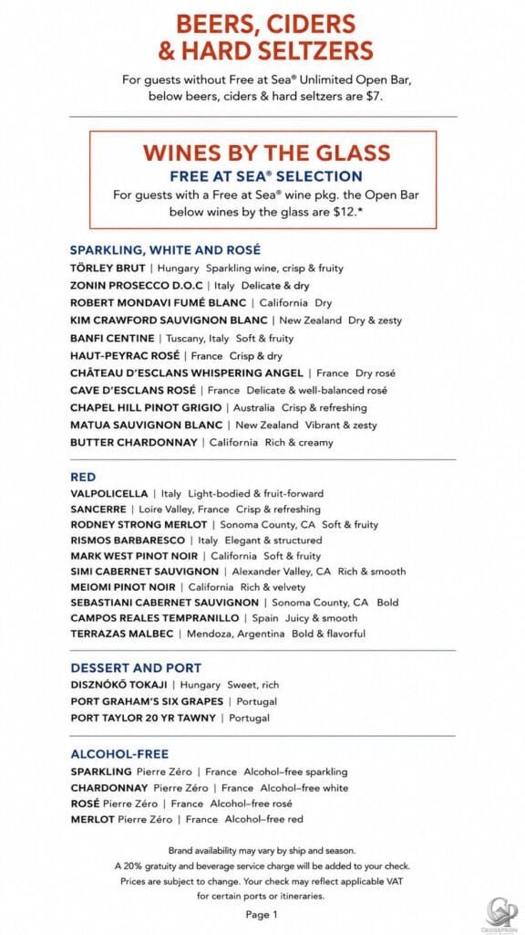 Norwegian Cruise line wine prices and free at sea included wines.