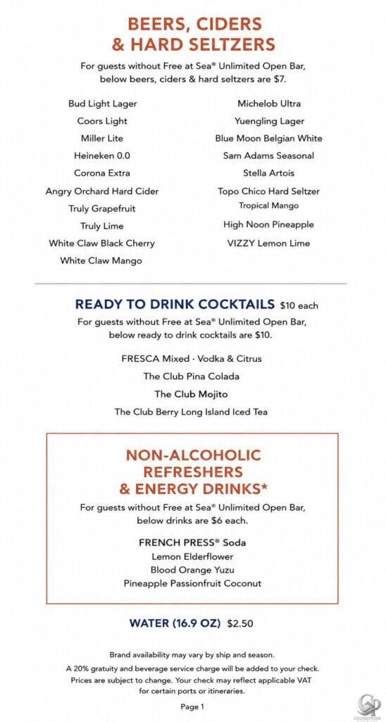Norwegian cruise line free at sea included beers, and beer prices