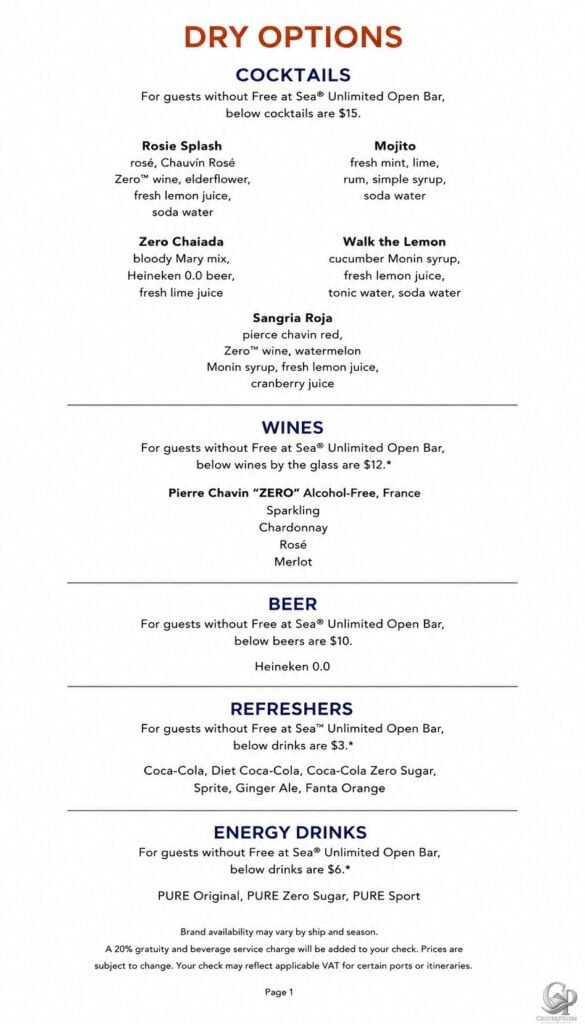 Norwegian Cruise line free at sea included dry options and cocktail menu and prices
