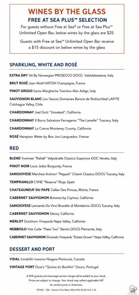 Norwegian Cruise line plus wine prices
