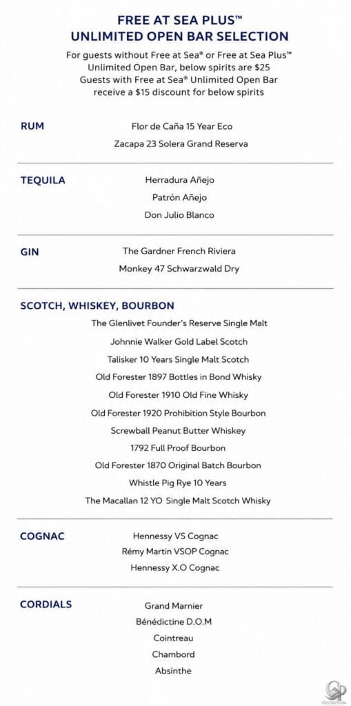 Norwegian Cruise line free at sea included spirits plus menu and prices
