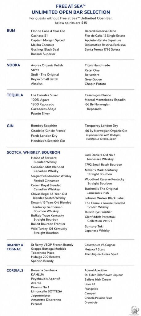 Norwegian Cruise line free at sea included spirits menu and prices