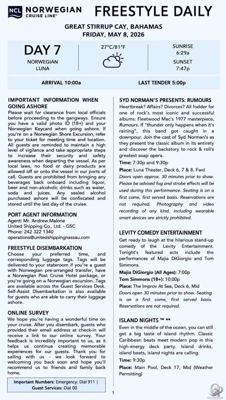 Norwegian Luna Freestyle Daily: Activities, Entertainment & Daily Schedules