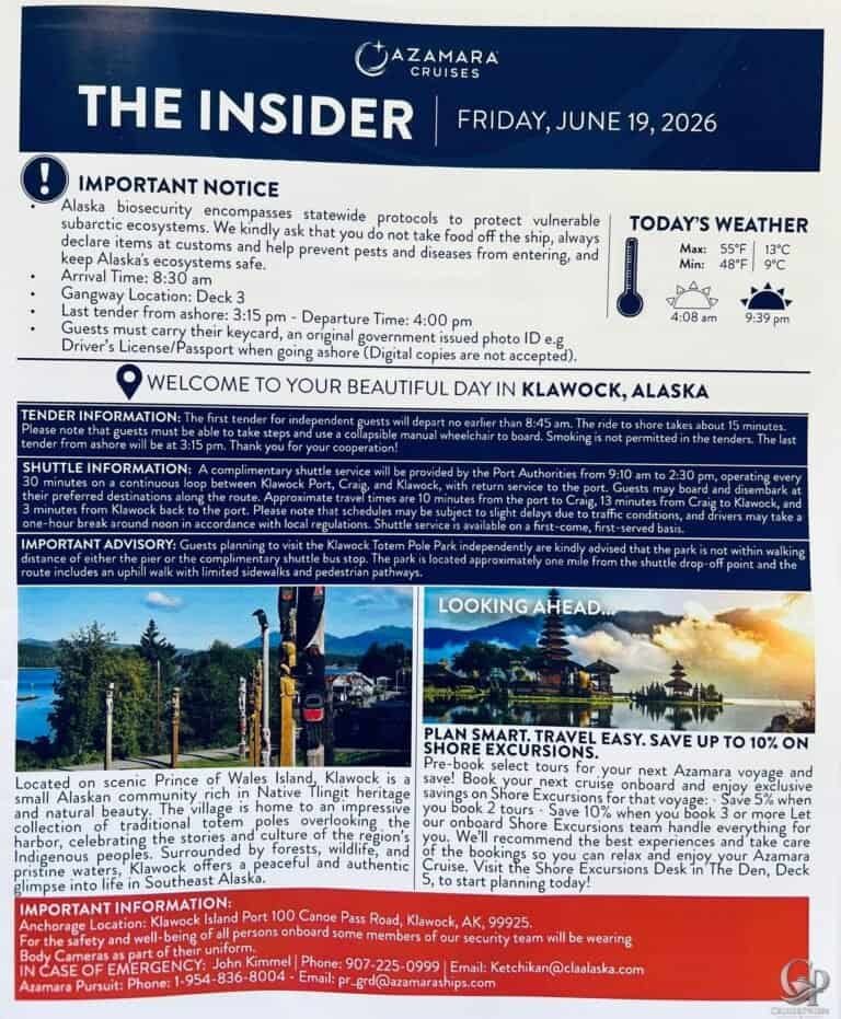 Azamara Pursuit Alaska Daily Program: Juneau, Ketchikan and Klawock