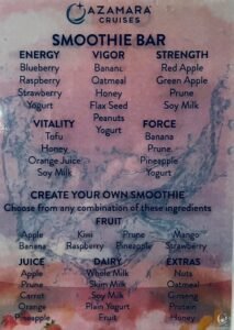 Azamara Smoothie Bar Menu: Smoothies and Create Your Own Options