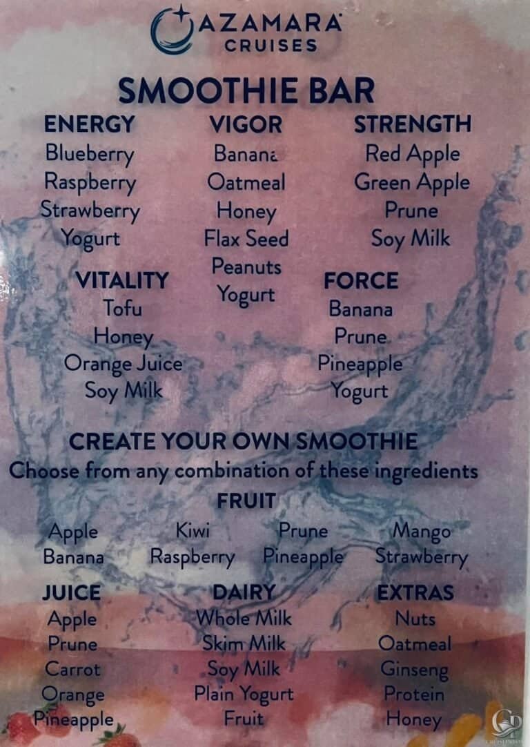 Azamara Smoothie Bar Menu: Smoothies and Create Your Own Options
