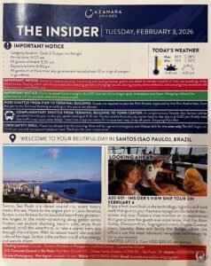 Azamara Quest Daily Program in Santos, Brazil: Activities, Dining and Entertainment