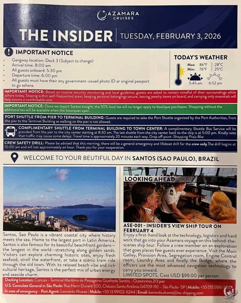 Azamara Quest Daily Program in Santos, Brazil: Activities, Dining and Entertainment