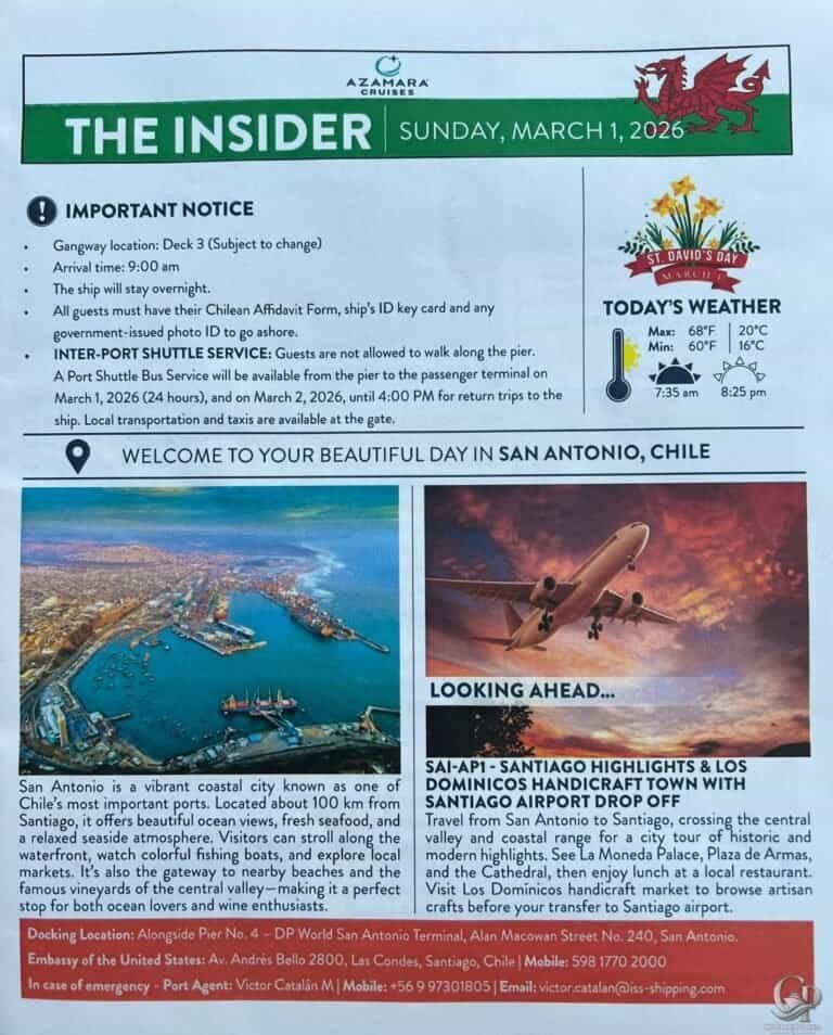 Azamara Quest San Antonio Chile Daily Program: What to Expect on an Overnight Port Day