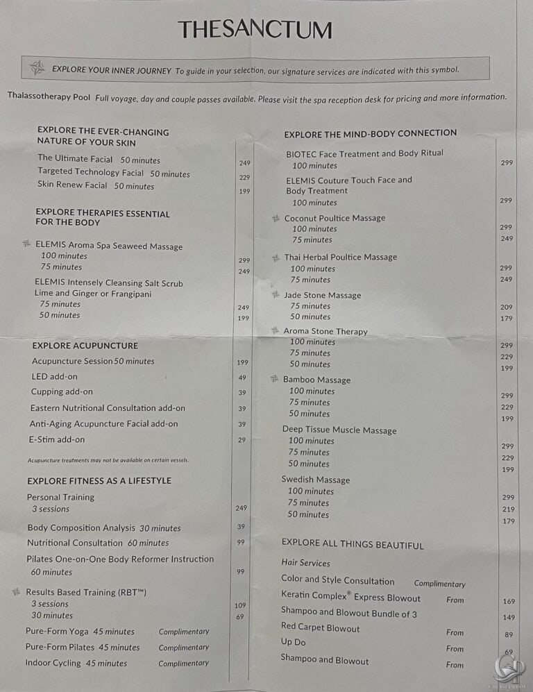 Azamara Spa Prices: The Sanctum Treatment and Massage Menu