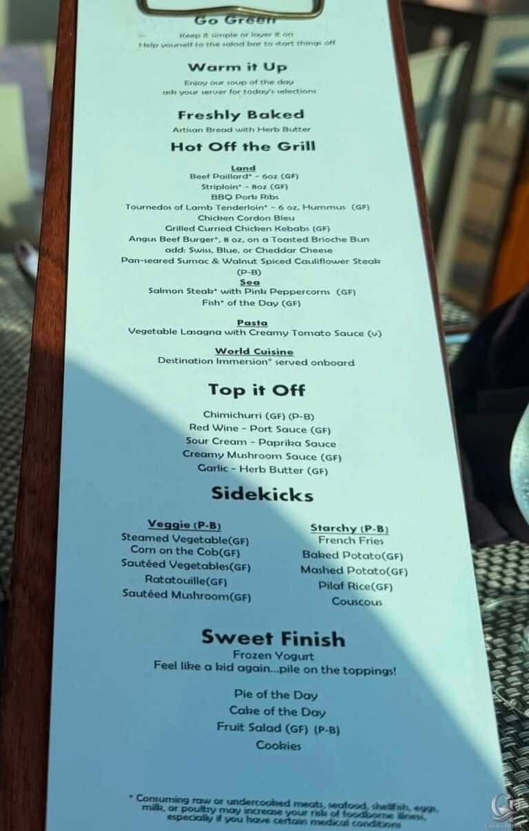 Azamara The Patio Dinner Menu