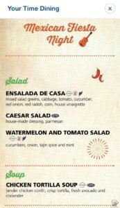 Carnival Australia Mexican Fiesta Night Main Dining Room Menu