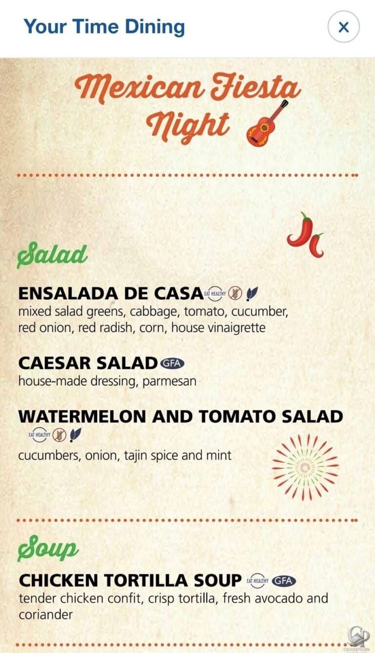 Carnival Australia Mexican Fiesta Night Main Dining Room Menu