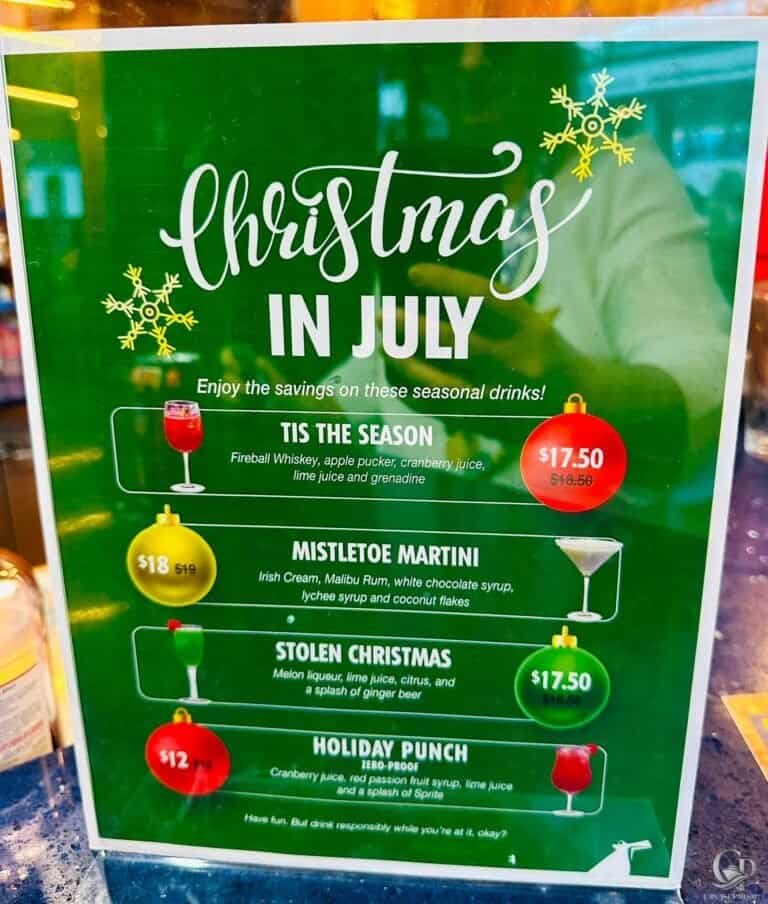 Carnival Christmas in July Drink Menu & Prices