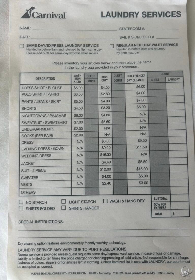 Carnival Cruise Laundry Prices & Valet Service Guide