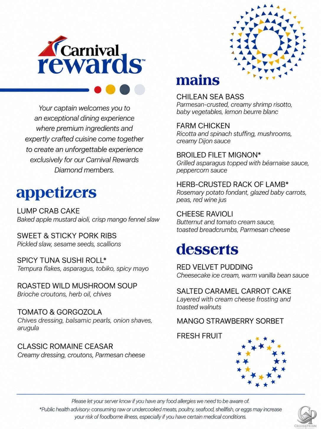 Carnival Rewards Diamond Dinner Menu & Exclusive Cocktails