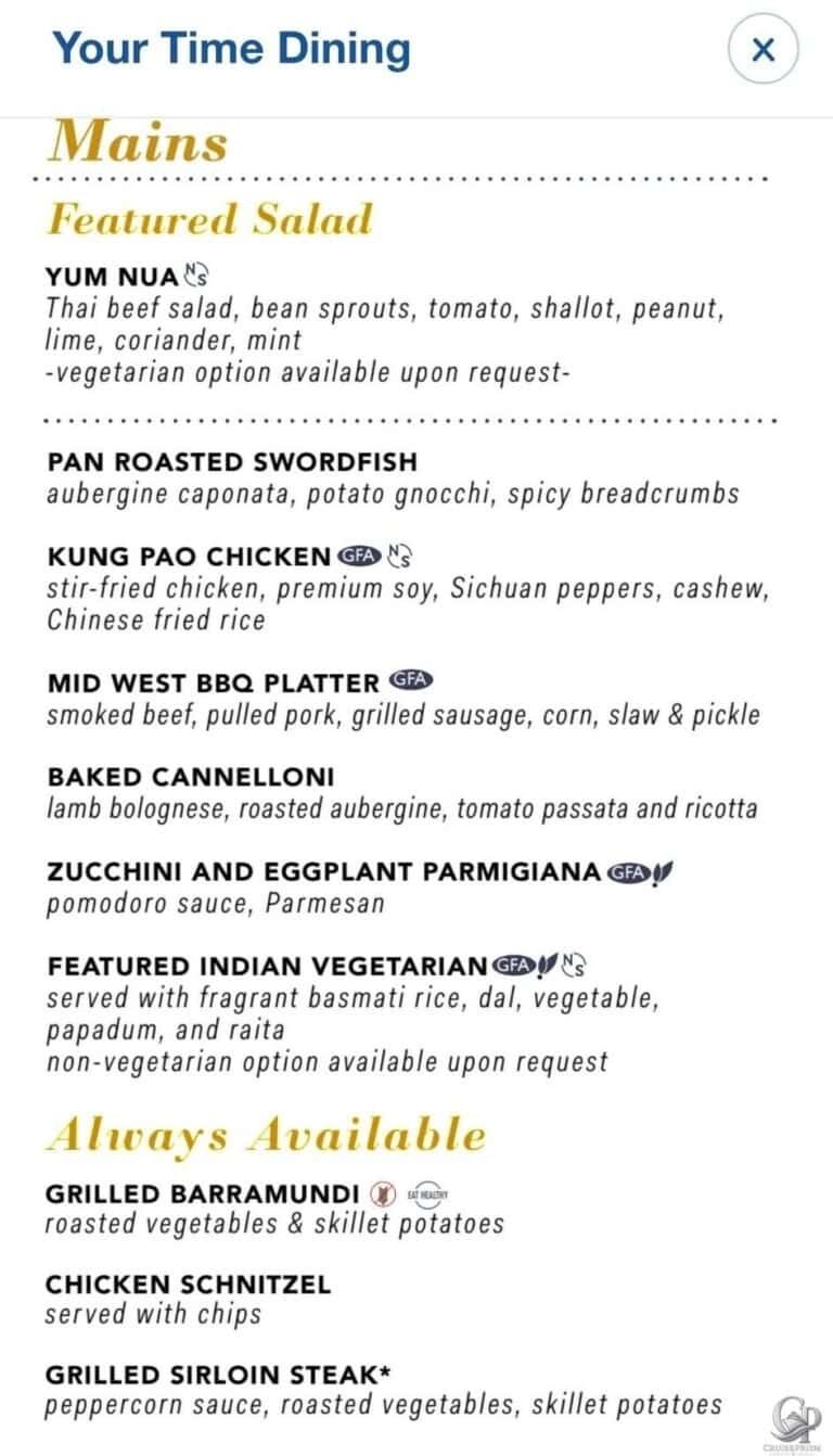 Carnival Splendor Australia Main Dining Room Dinner Menu