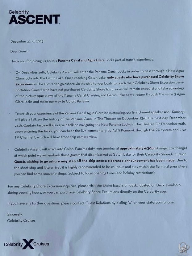 Celebrity Ascent Panama Canal Information Letter