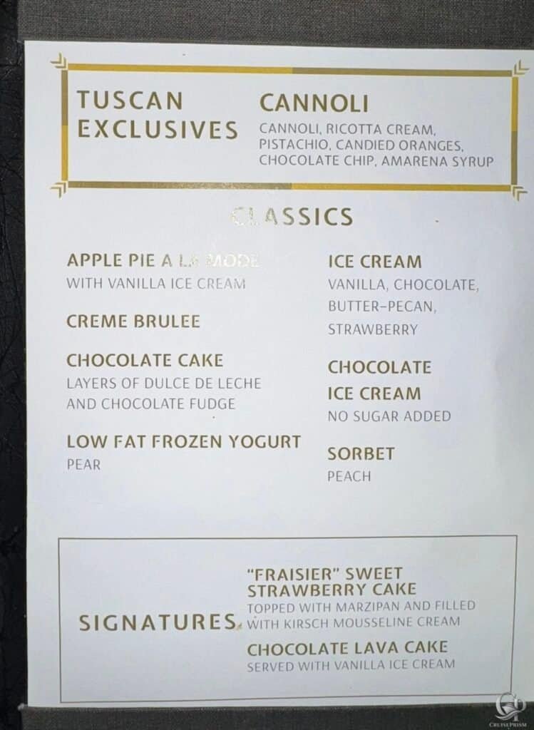 Tuscan Restaurant Dessert Menu