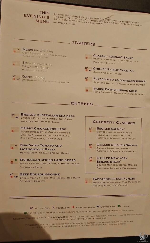 Celebrity Cruises Main Dining Room Menu