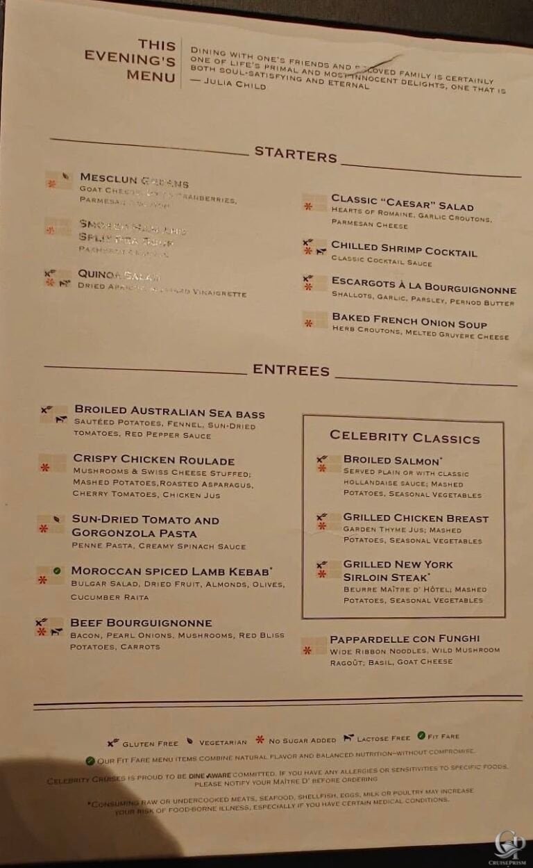 Celebrity Cruises Restaurant Menus: Main Dining, Specialty Restaurants & Spa Café