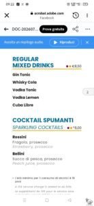 Costa Cruises Drink Menus with Prices