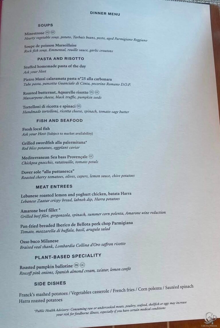 Explora Journeys Med Yacht Club Menus