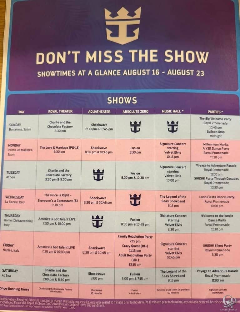 Legend of the Seas Entertainment & Shows Schedule Guide
