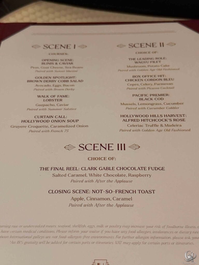 Legend of the Seas Hollywood Supper Club Menu Guide