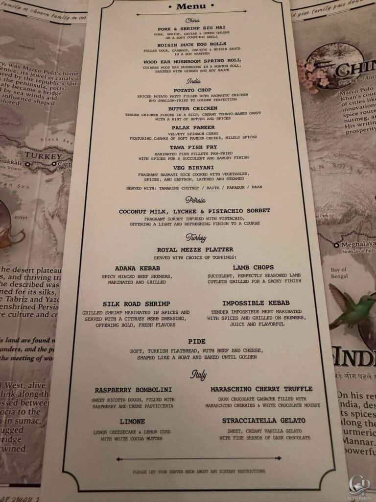Legend of the Seas Royal Railway Silk Routes Menu Guide