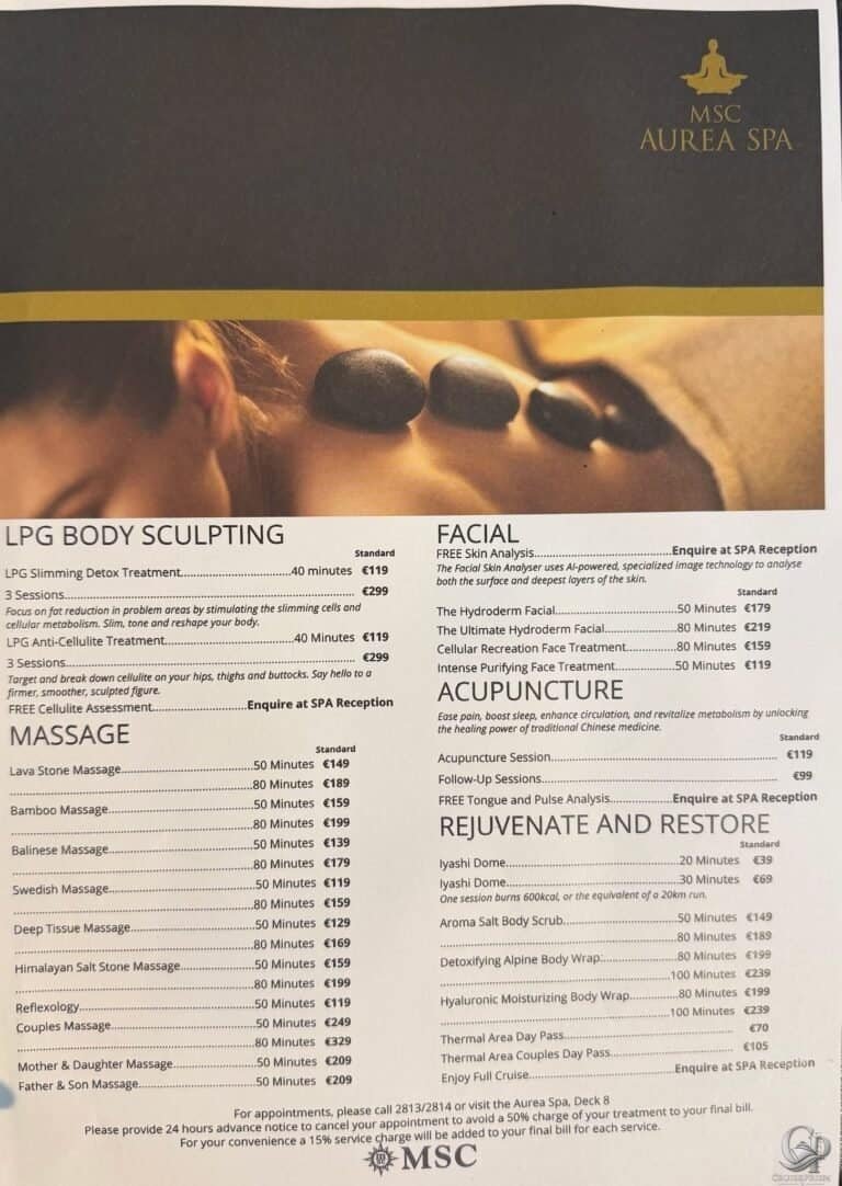 MSC Cruises Aurea Spa Prices: Massages, Facials, Hair, Nails & More