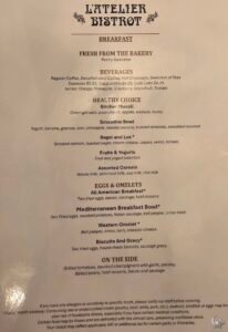 MSC Grandiosa L’Atelier Bistrot Breakfast Menu