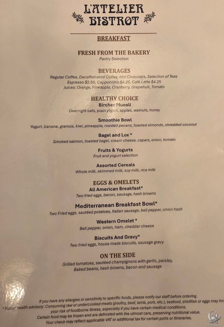 MSC Grandiosa L’Atelier Bistrot Breakfast Menu