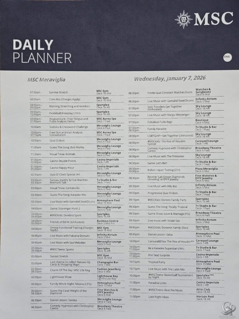 MSC Meraviglia Daily Planner:  Cruise Guide
