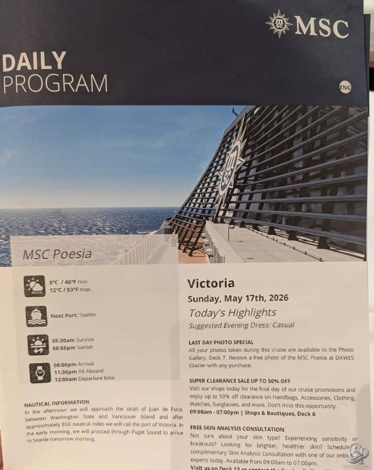 MSC Poesia Daily Planner: Alaska Cruise Activities, Entertainment & Victoria Port Day