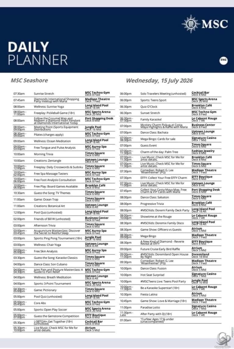 MSC Seashore Daily Planner