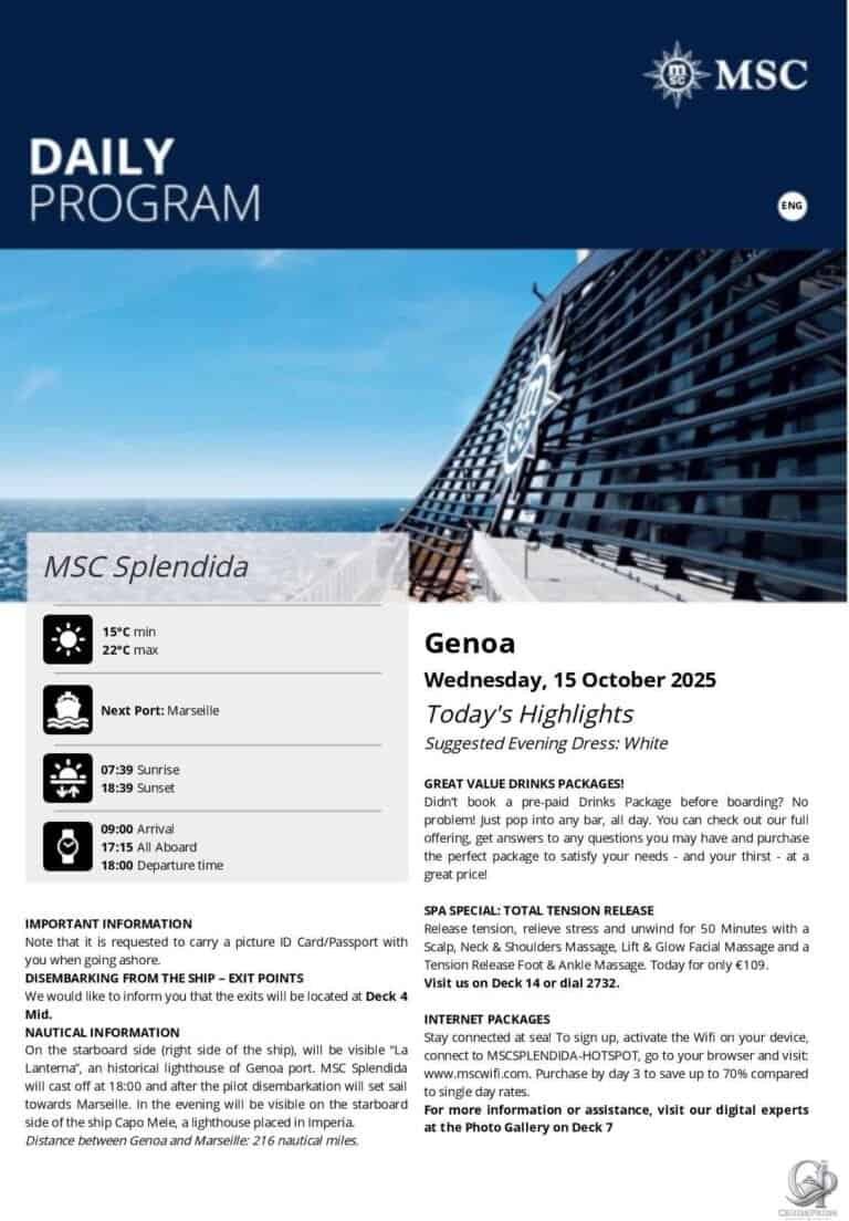 MSC Splendida Daily Program: Genoa Port Day