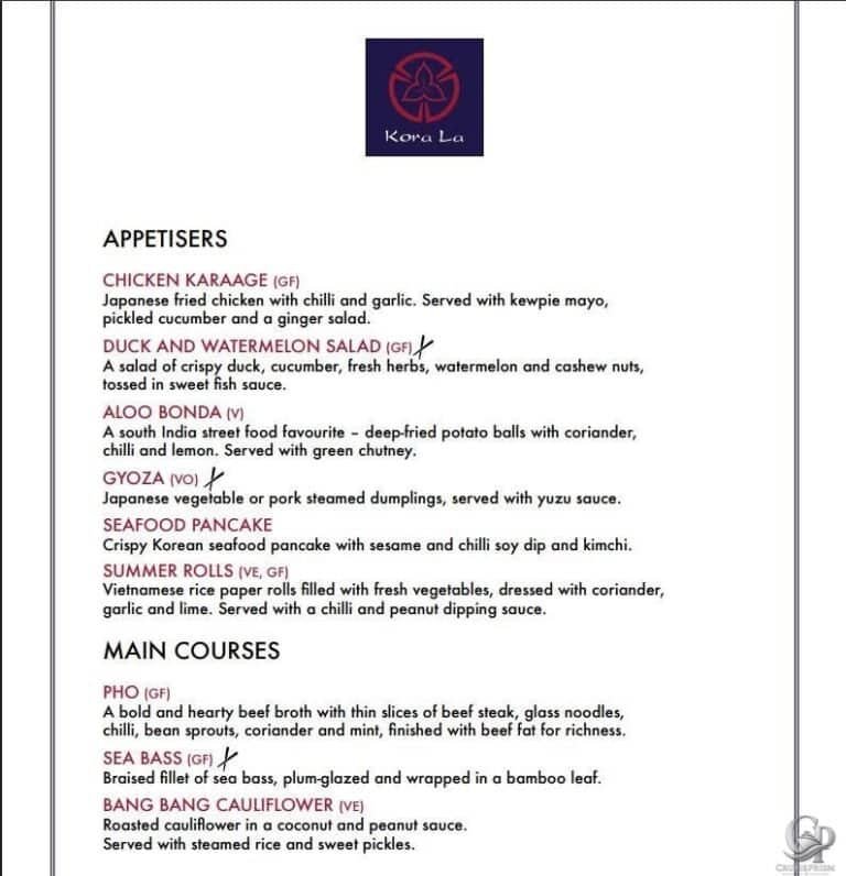Marella Cruises Kora La Restaurant Menu Guide