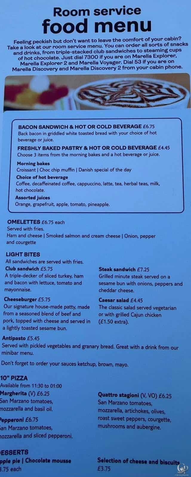 Marella Cruises Room Service Menu Guide