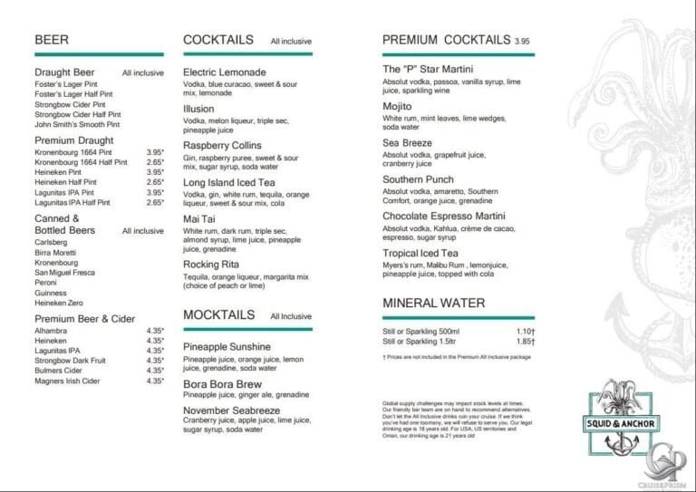 Marella Cruises Squid & Anchor Bar Drinks Menu Guide