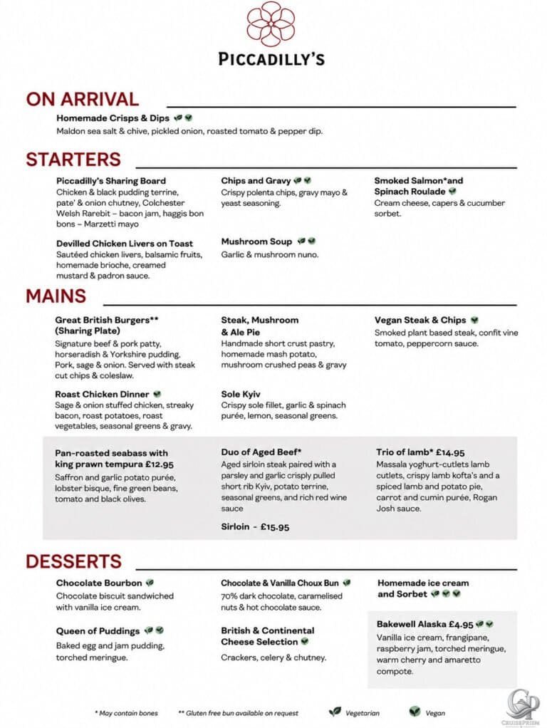 Marella Discovery 2 Piccadilly’s Restaurant Menu