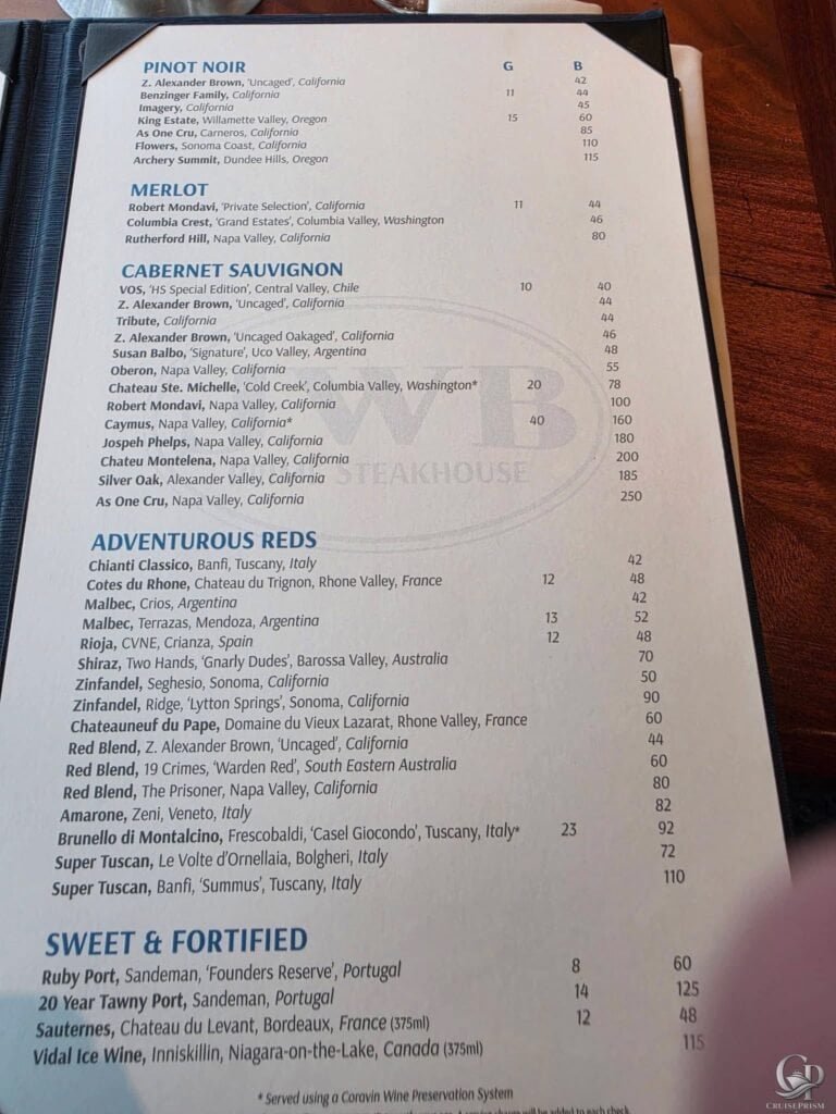 Margaritaville at Sea JWB Prime Steakhouse Wine List and Prices