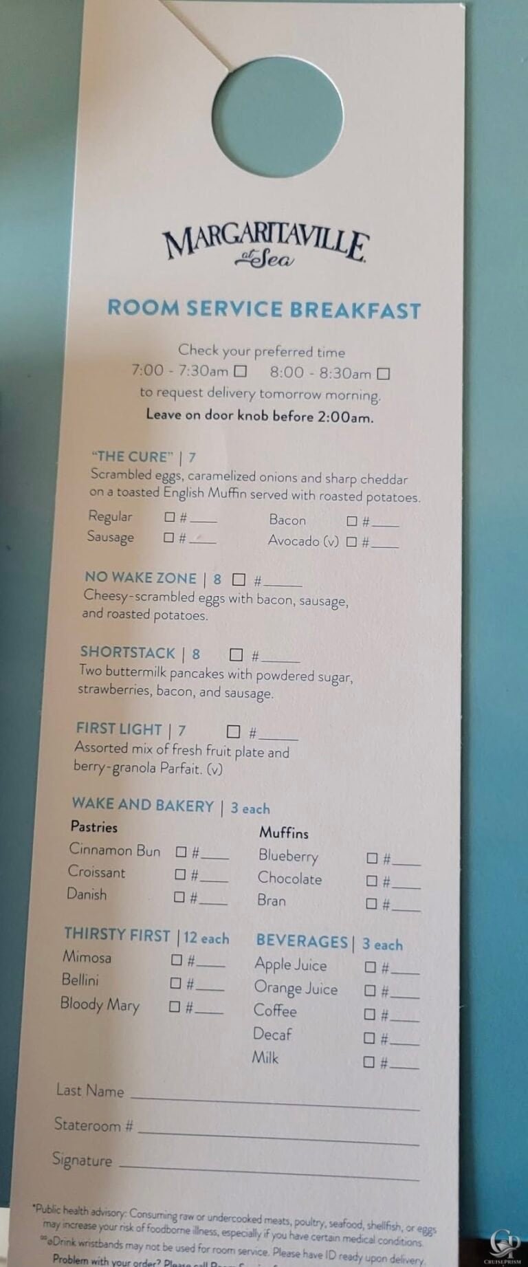 Margaritaville at Sea Room Service Breakfast Menu Guide