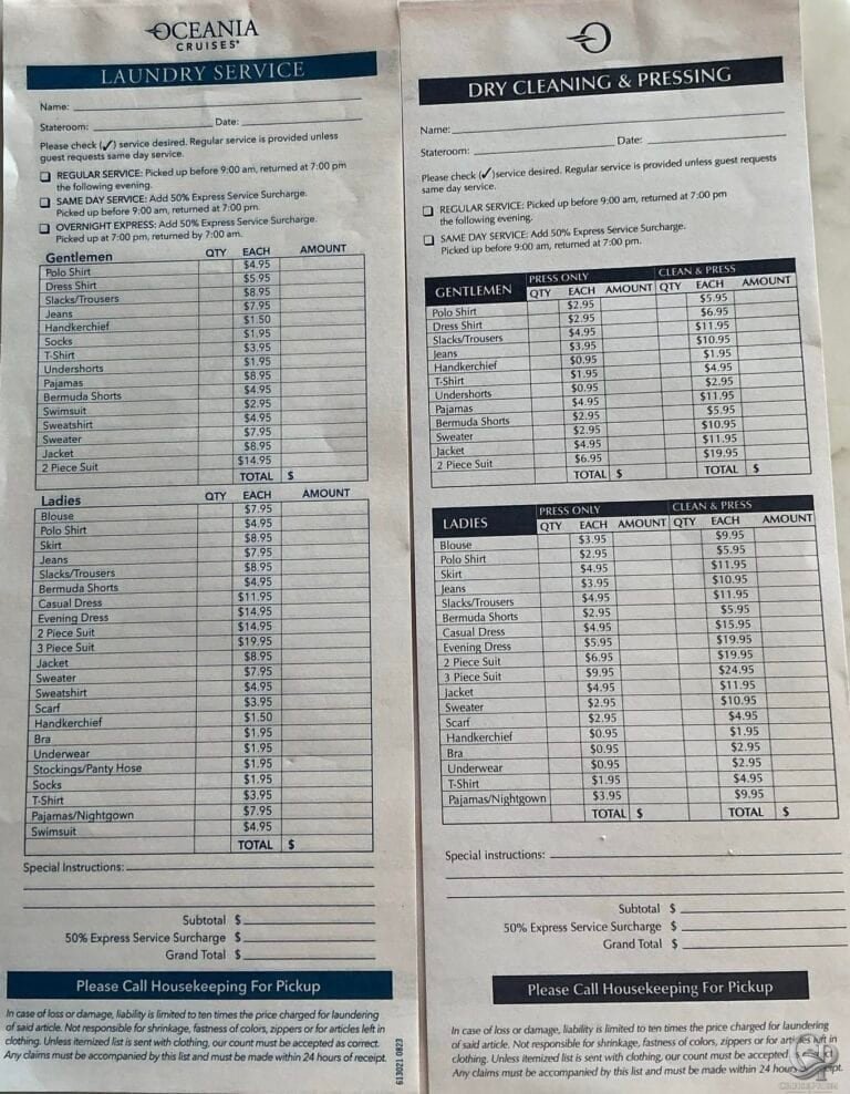 Oceania Cruises Laundry Prices and Dry Cleaning Guide