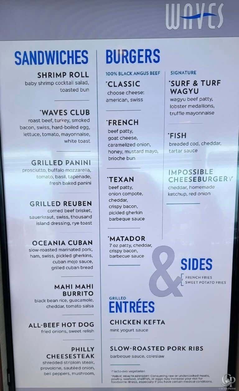 Oceania Cruises Waves Grill Menu Guide