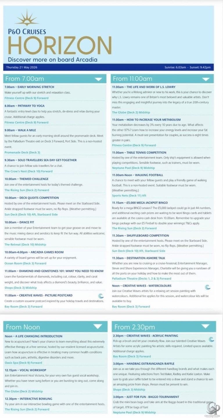 P&O Arcadia Horizon Daily Program – Sea Day Guide