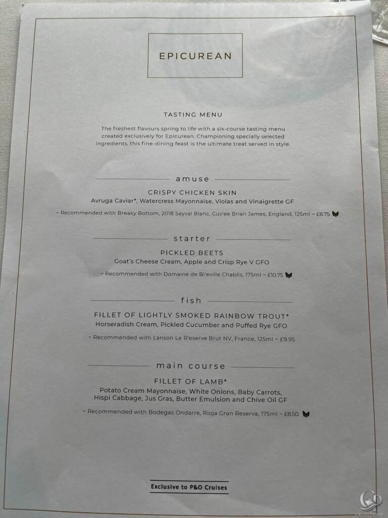 P&O Cruises Epicurean Tasting Menu